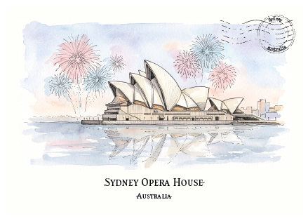 Watercolour-style travel art print of the Sydney Opera House in Australia, with pink and blue fireworks in the sky and a postmark stamp in the upper right. The words 'SYDNEY OPERA HOUSE' and 'AUSTRALIA' are printed below the illustration.