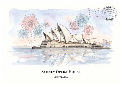Watercolour-style travel art print of the Sydney Opera House in Australia, with pink and blue fireworks in the sky and a postmark stamp in the upper right. The words 'SYDNEY OPERA HOUSE' and 'AUSTRALIA' are printed below the illustration.