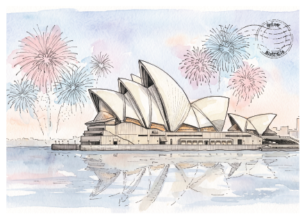 Watercolour-style illustration of the Sydney Opera House with pink and blue fireworks in the sky and reflections on the water.