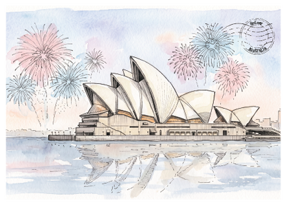 Watercolour-style illustration of the Sydney Opera House with pink and blue fireworks in the sky and reflections on the water.