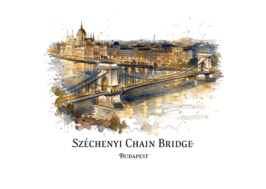 Watercolour-style print of Széchenyi Chain Bridge in Budapest, showing the bridge at night over reflective water with city buildings and domes in the background, plus the text 'SZÉCHENYI CHAIN BRIDGE' and 'BUDAPEST' below on a white background.