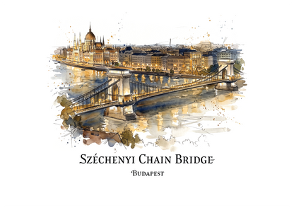 Watercolour-style print of Széchenyi Chain Bridge in Budapest, showing the bridge at night over reflective water with city buildings and domes in the background, plus the text 'SZÉCHENYI CHAIN BRIDGE' and 'BUDAPEST' below on a white background.