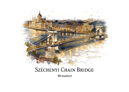 Watercolour-style print of Széchenyi Chain Bridge in Budapest, showing the bridge at night over reflective water with city buildings and domes in the background, plus the text 'SZÉCHENYI CHAIN BRIDGE' and 'BUDAPEST' below on a white background.