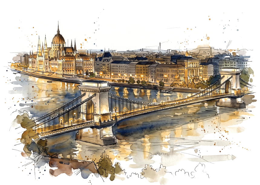 Watercolour-style illustration of Budapest's cityscape with the Chain Bridge at night spanning the Danube, the Hungarian Parliament Building, and warm golden lights reflecting on the water, set against a white background.
