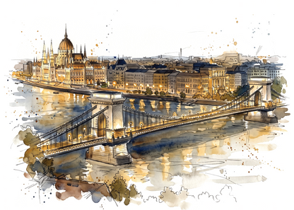 Watercolour-style illustration of Budapest's cityscape with the Chain Bridge at night spanning the Danube, the Hungarian Parliament Building, and warm golden lights reflecting on the water, set against a white background.