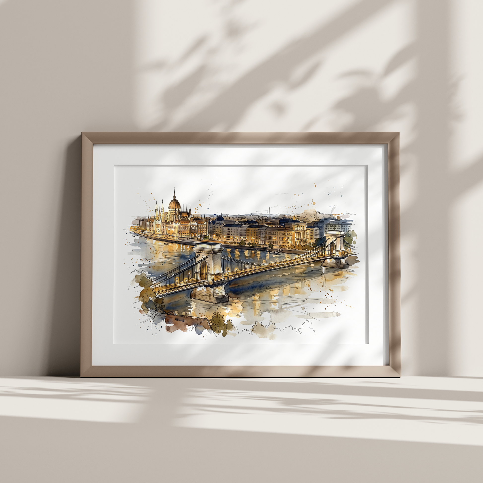 A framed watercolor art print of Széchenyi Chain Bridge, Budapest leaning against a wall with soft shadow overlays.