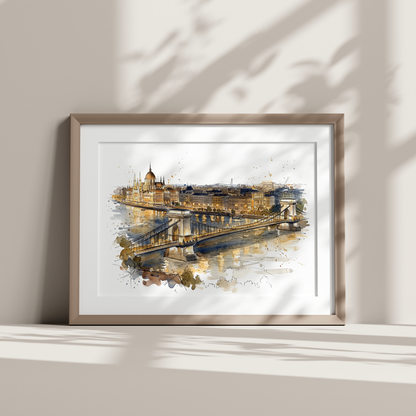 A framed watercolor art print of Széchenyi Chain Bridge, Budapest leaning against a wall with soft shadow overlays.