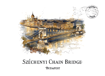 Watercolour-style travel print postcard of Széchenyi Chain Bridge in Budapest, Hungary, with the bridge and city skyline reflected in the river below. The print includes a circular postmark graphic in the upper right and the text 'SZÉCENYI CHAIN BRIDGE' and 'BUDAPEST' at the bottom.