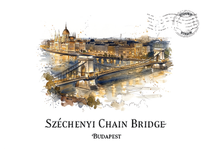 Watercolour-style travel print postcard of Széchenyi Chain Bridge in Budapest, Hungary, with the bridge and city skyline reflected in the river below. The print includes a circular postmark graphic in the upper right and the text 'SZÉCENYI CHAIN BRIDGE' and 'BUDAPEST' at the bottom.