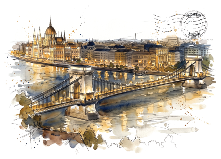 Watercolour-style illustration of the Budapest skyline, featuring the Chain Bridge over the Danube River with the Hungarian Parliament Building and surrounding architecture rendered in warm golden, brown, and beige tones on a white background.