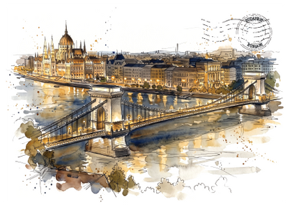 Watercolour-style illustration of the Budapest skyline, featuring the Chain Bridge over the Danube River with the Hungarian Parliament Building and surrounding architecture rendered in warm golden, brown, and beige tones on a white background.