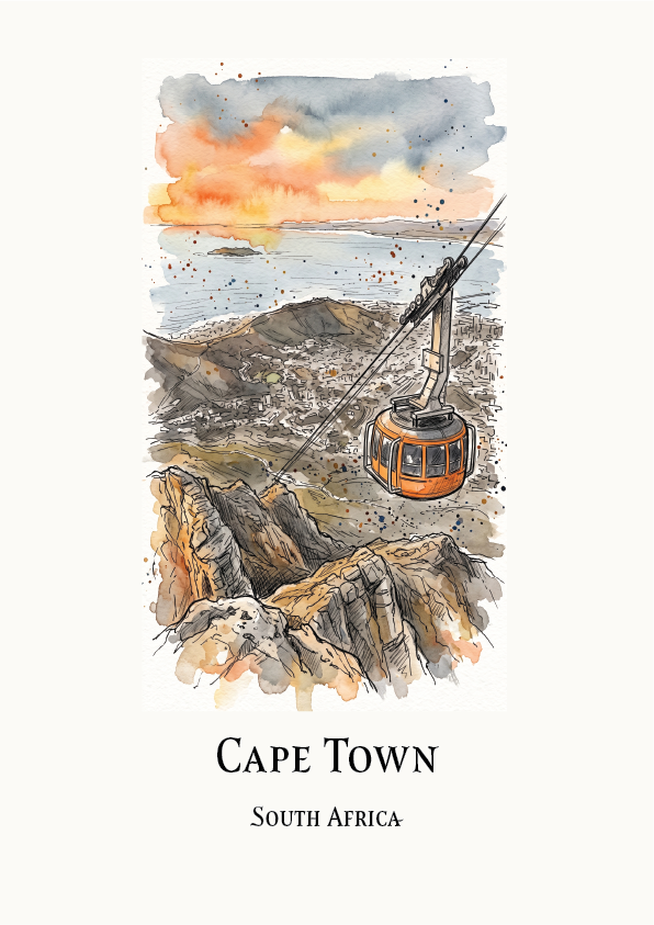 A travel art print of Cape Town, South Africa, featuring a watercolour illustration of the cable car system over rocky cliffs and the ocean under a sunset sky, with the text 'CAPE TOWN SOUTH AFRICA' printed below.