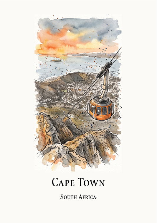 A travel art print of Cape Town, South Africa, featuring a watercolour illustration of the cable car system over rocky cliffs and the ocean under a sunset sky, with the text 'CAPE TOWN SOUTH AFRICA' printed below.