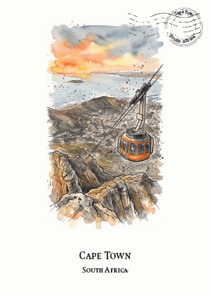 Watercolour art print of Cape Town, South Africa, featuring a cable car over rTable Top Mountain and the ocean at sunset, with the text 'CAPE TOWN SOUTH AFRICA' and a postage stamp graphic on a cream background.