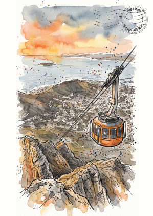Watercolor-style illustration postcard of a cable car suspended over Table Top Mountain and a coastal landscape at sunset, with a postage stamp graphic in the upper right.