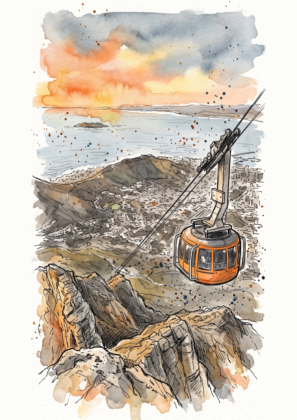 Watercolour and ink-style illustration travel poster of an orange cable car suspended over Table Top Mountain and a coastal town of Cape Town, with a dramatic orange, yellow, and grey sky above.