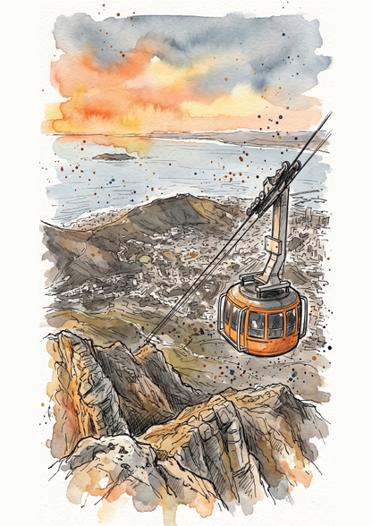 Watercolour and ink-style illustration travel poster of an orange cable car suspended over Table Top Mountain and a coastal town of Cape Town, with a dramatic orange, yellow, and grey sky above.