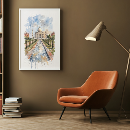 A framed watercolour art print of the Taj Mahal hanging on a brown wall in a modern living room setting with a bookshelf, orange armchair, and floor lamp.