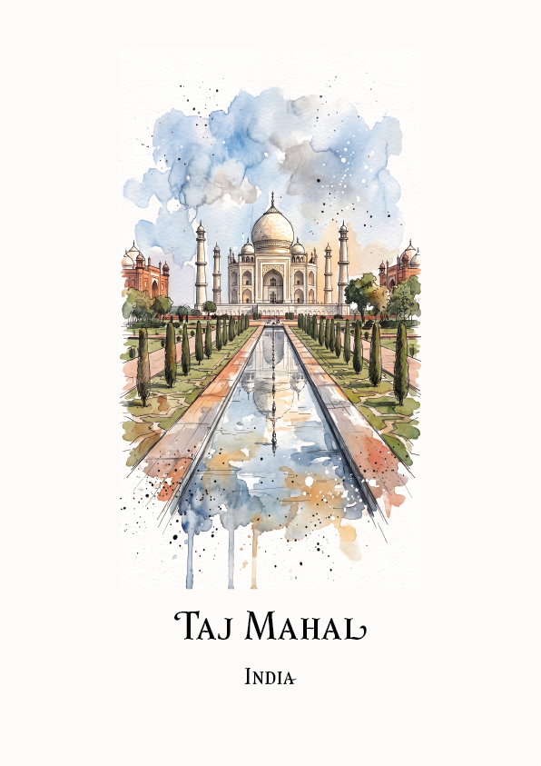 Watercolour-style travel art print of Taj Mahal, India, showing the white marble monument with a long reflecting pool, lined gardens, and blue sky above. The text 'TAJ MAHAL' and 'INDIA' appears below the illustration on a white background.