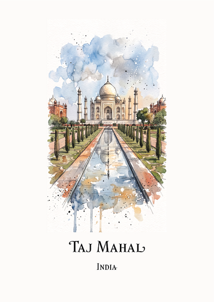 Watercolour-style travel art print of Taj Mahal, India, showing the white marble monument with a long reflecting pool, lined gardens, and blue sky above. The text 'TAJ MAHAL' and 'INDIA' appears below the illustration on a white background.
