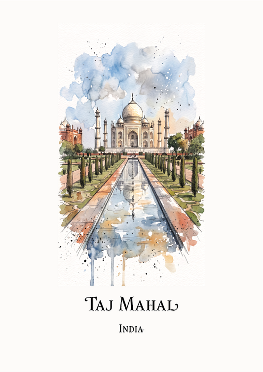 Watercolour-style travel art print of Taj Mahal, India, showing the white marble monument with a long reflecting pool, lined gardens, and blue sky above. The text 'TAJ MAHAL' and 'INDIA' appears below the illustration on a white background.