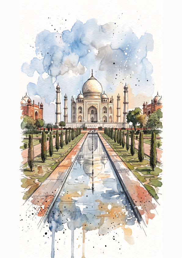 Watercolor t ravel posterof the Taj Mahal in India, featuring the white marble mausoleum, minarets, reflection pool, and surrounding greenery under a blue sky with artistic splashes and drips.