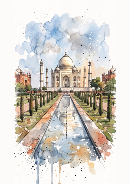 Watercolor t ravel posterof the Taj Mahal in India, featuring the white marble mausoleum, minarets, reflection pool, and surrounding greenery under a blue sky with artistic splashes and drips.