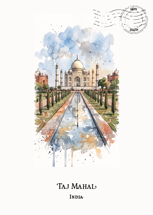 Watercolour art postcard of Taj Mahal, India, featuring a central illustration of the white marble monument with its reflecting pool, surrounded by blue sky and green trees, with the text 'Taj Mahal India' below on a white background.
