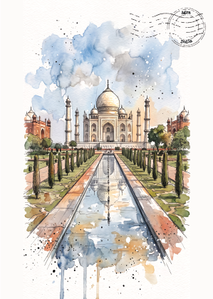 Watercolour art postcard of the Taj Mahal in India, featuring a long reflection pool, symmetrical gardens, and blue watercolor splashes in the sky, with a postage stamp graphic in the top right corner.