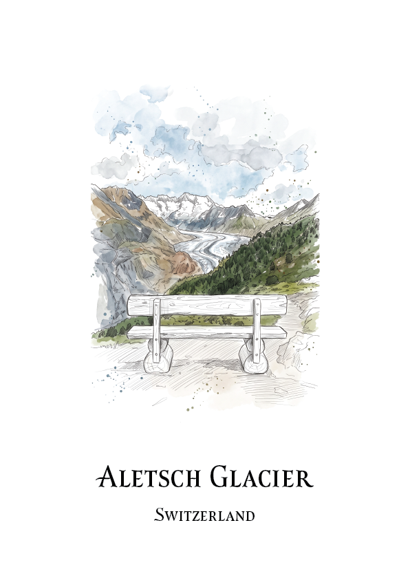 Watercolour and ink illustration of a Altesch Glacier with a bench in the foreground, distant snow-capped peaks, green slopes, and text Aletsch Glacier