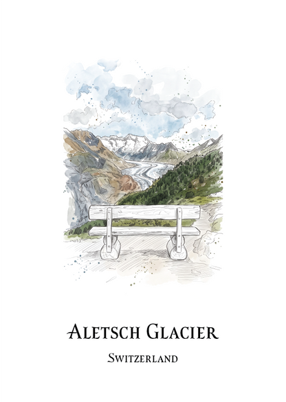 Watercolour and ink illustration of a Altesch Glacier with a bench in the foreground, distant snow-capped peaks, green slopes, and text Aletsch Glacier