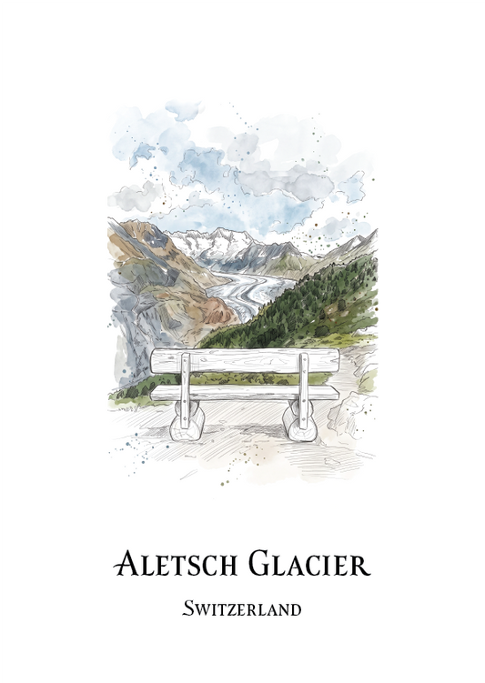 Watercolour and ink illustration of a Altesch Glacier with a bench in the foreground, distant snow-capped peaks, green slopes, and text Aletsch Glacier