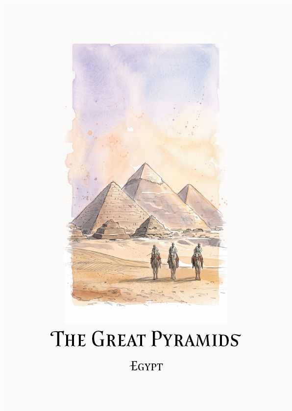 A vertical art print travel poster featuring a watercolour illustration of the Great Pyramids in Egypt, with three camels walking in the desert under a soft purple and peach sky. The text 'THE GREAT PYRAMIDS' and 'EGYPT' appears below the artwork on a white background.