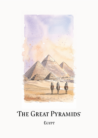 A vertical art print travel poster featuring a watercolour illustration of the Great Pyramids in Egypt, with three camels walking in the desert under a soft purple and peach sky. The text 'THE GREAT PYRAMIDS' and 'EGYPT' appears below the artwork on a white background.