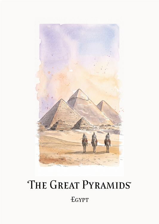 A vertical art print travel poster featuring a watercolour illustration of the Great Pyramids in Egypt, with three camels walking in the desert under a soft purple and peach sky. The text 'THE GREAT PYRAMIDS' and 'EGYPT' appears below the artwork on a white background.