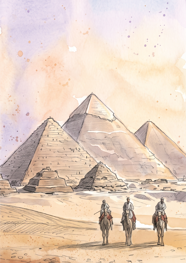 Watercolour-style illustration of the desert pyramids in Giza, Egypt with three riders on camels in the foreground, rendered in soft beige, tan, and muted lavender tones.