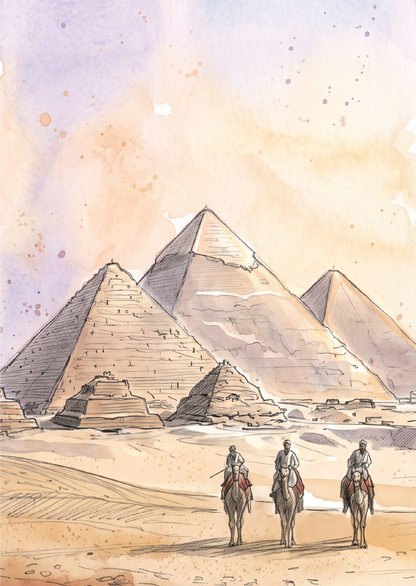 Watercolour-style illustration of the desert pyramids in Giza, Egypt with three riders on camels in the foreground, rendered in soft beige, tan, and muted lavender tones.