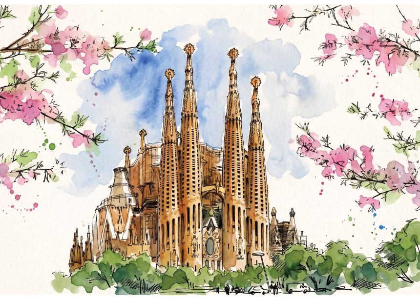 Watercolour-style artwork of the Sagrada Familia in Barcelona, with tall spires, green trees, pink blossoms, and a soft blue sky on a white background.