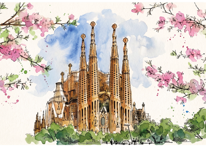 Watercolour-style artwork of the Sagrada Familia in Barcelona, with tall spires, green trees, pink blossoms, and a soft blue sky on a white background.