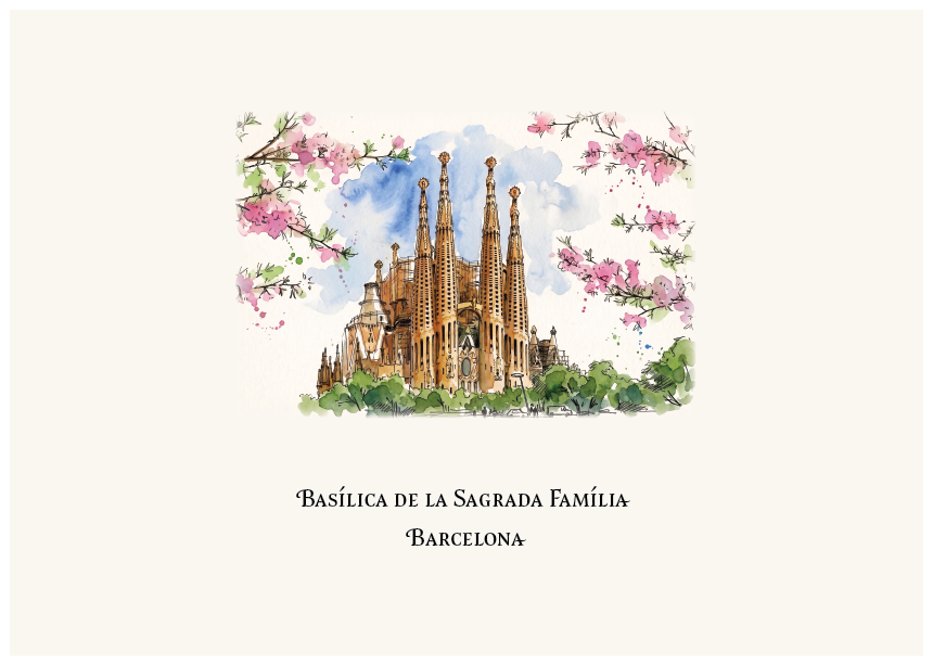A watercolour-style travel print featuring the Sagrada Familia in Barcelona, with pink blossoms framing the illustration and the text 'Basílica de la Sagrada Família' and 'Barcelona' below on an off-white background.