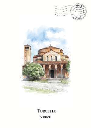 Watercolor and ink illustration of Torcello Church with a bell tower, trees, and a blue sky, presented as an art postcard with a vintage postmark top right