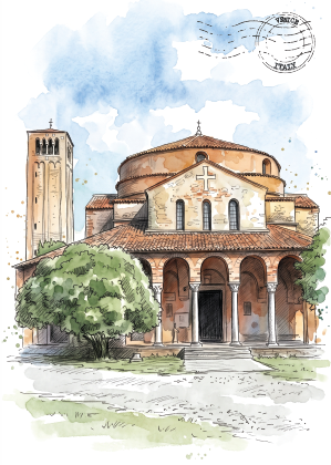 Watercolor and ink illustration of Torcello Church with a bell tower, trees, and a blue sky, presented as an art postcard with a vintage postmark top right