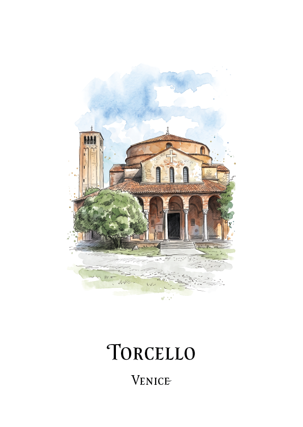 Watercolour art print of the Torcello church in Venice, featuring a detailed architectural illustration with a blue sky and the text 'TORCELLO VENICE' below on a white background.