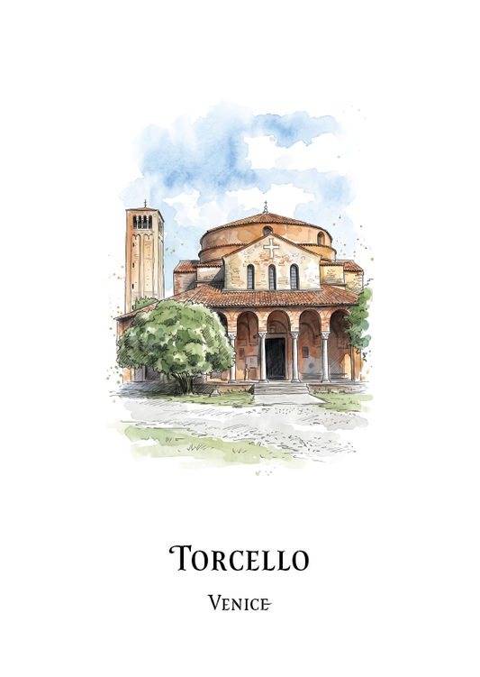 Watercolour art print of the Torcello church in Venice, featuring a detailed architectural illustration with a blue sky and the text 'TORCELLO VENICE' below on a white background.