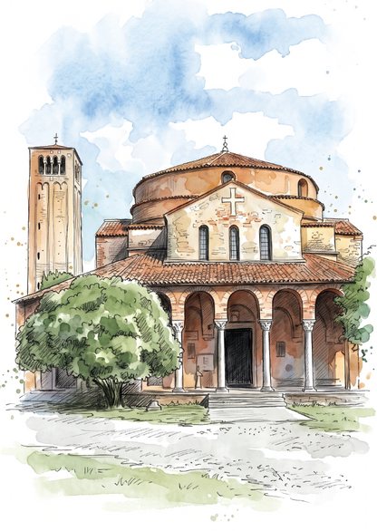 Watercolour-style illustration of a Torcello church, Venice with a domed roof, arched entrance, tall bell tower, trees, and a blue sky on a white background.
