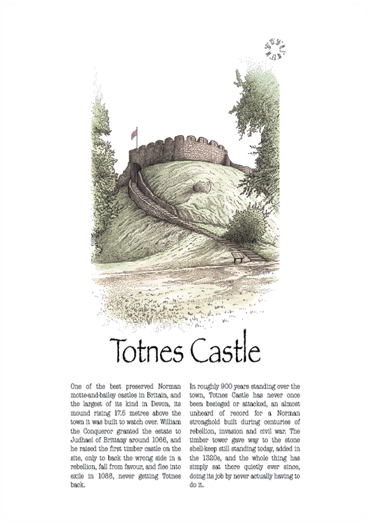 A vintage-style illustrated poster of Totnes Castle in England, featuring a white background, a black-and-white and watercolour sketch of the castle and surrounding trees, and a block of history text below.