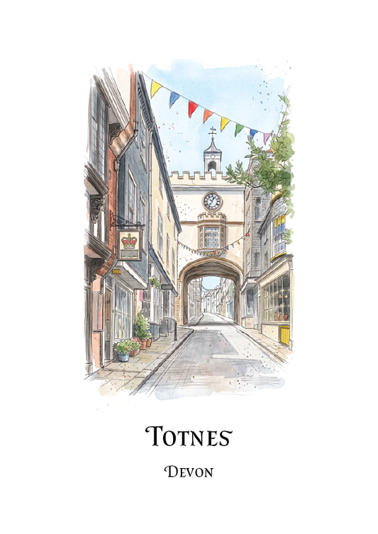 watercolour travel print of a cobbled street  scene in Totnes, Devon with an archway and clock tower, with colourful bunting flags, shopfronts, potted plants, and greenery along the sides,  labelled Totnes , Devon on a white background.