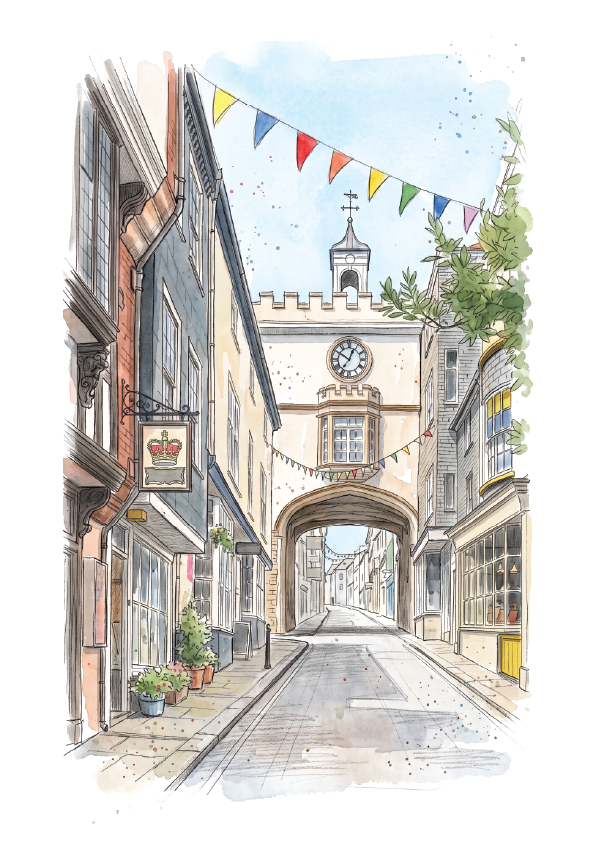 Watercolour-style illustration of a narrow cobbled street in Totnes, Devon. Street leads under a clock tower archway, with colourful bunting flags, shopfronts, potted plants, and greenery along the sides.