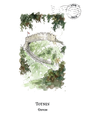 A watercolour-style illustrated postcard showing a scenic view of Totnes Castle, Devon, with a stone wall winding through green foliage on a white background. The word 'TOTNES' and 'DEVON' are printed below the illustration, and a circular postmark graphic appears near the top right.