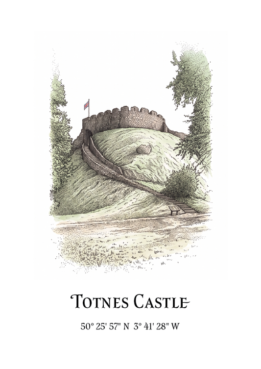 A vintage-style watercolour print of Totnes Castle on a hill, with trees on both sides, a winding path, and text below reading 'TOTNES CASTLE' and coordinates. The artwork is rendered in muted green, beige, and brown tones on a white background.